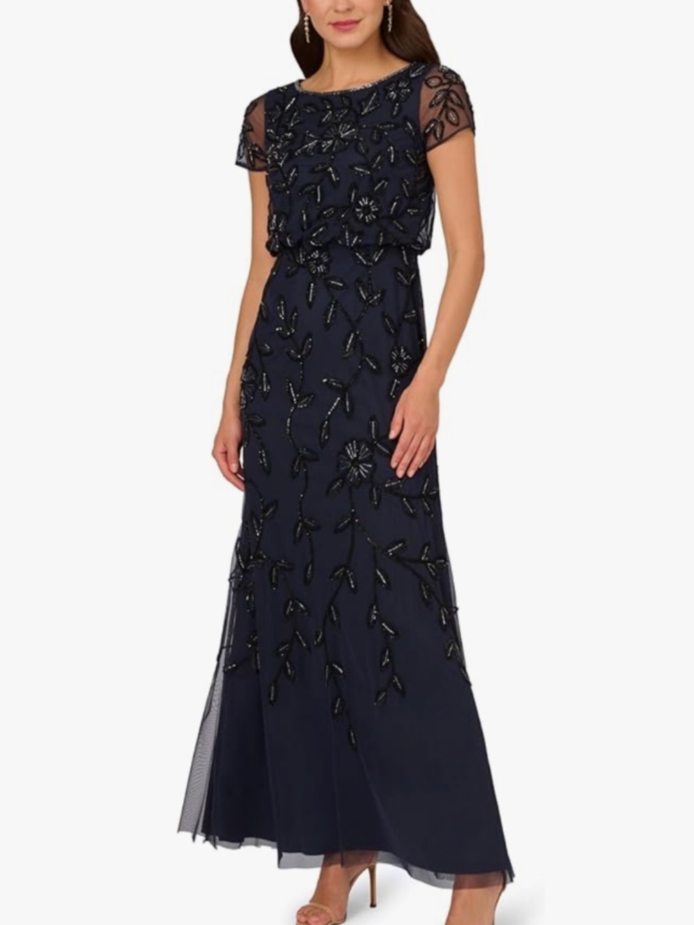 Adrianna Papell Size 6 Women's Boat-Neck Blouson Floral Beaded Gown Long Dress